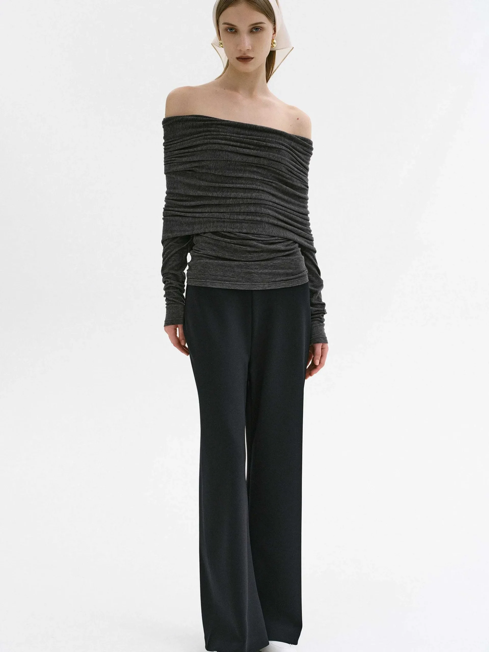 Women Source Unknown Accessories-Tova Off Shoulder Knit, Dark Grey Melange