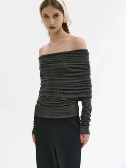 Women Source Unknown Accessories-Tova Off Shoulder Knit, Dark Grey Melange
