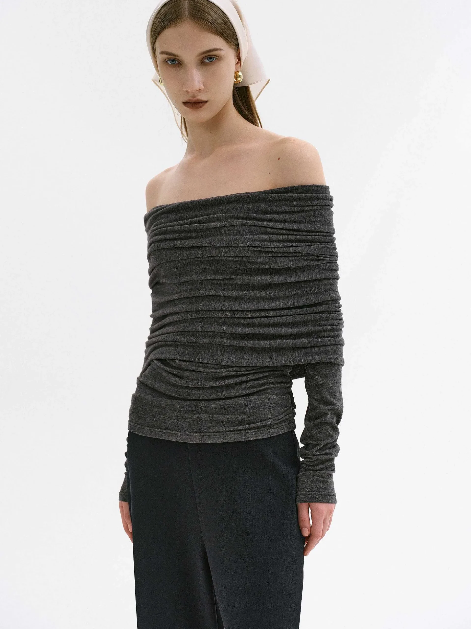 Women Source Unknown Accessories-Tova Off Shoulder Knit, Dark Grey Melange