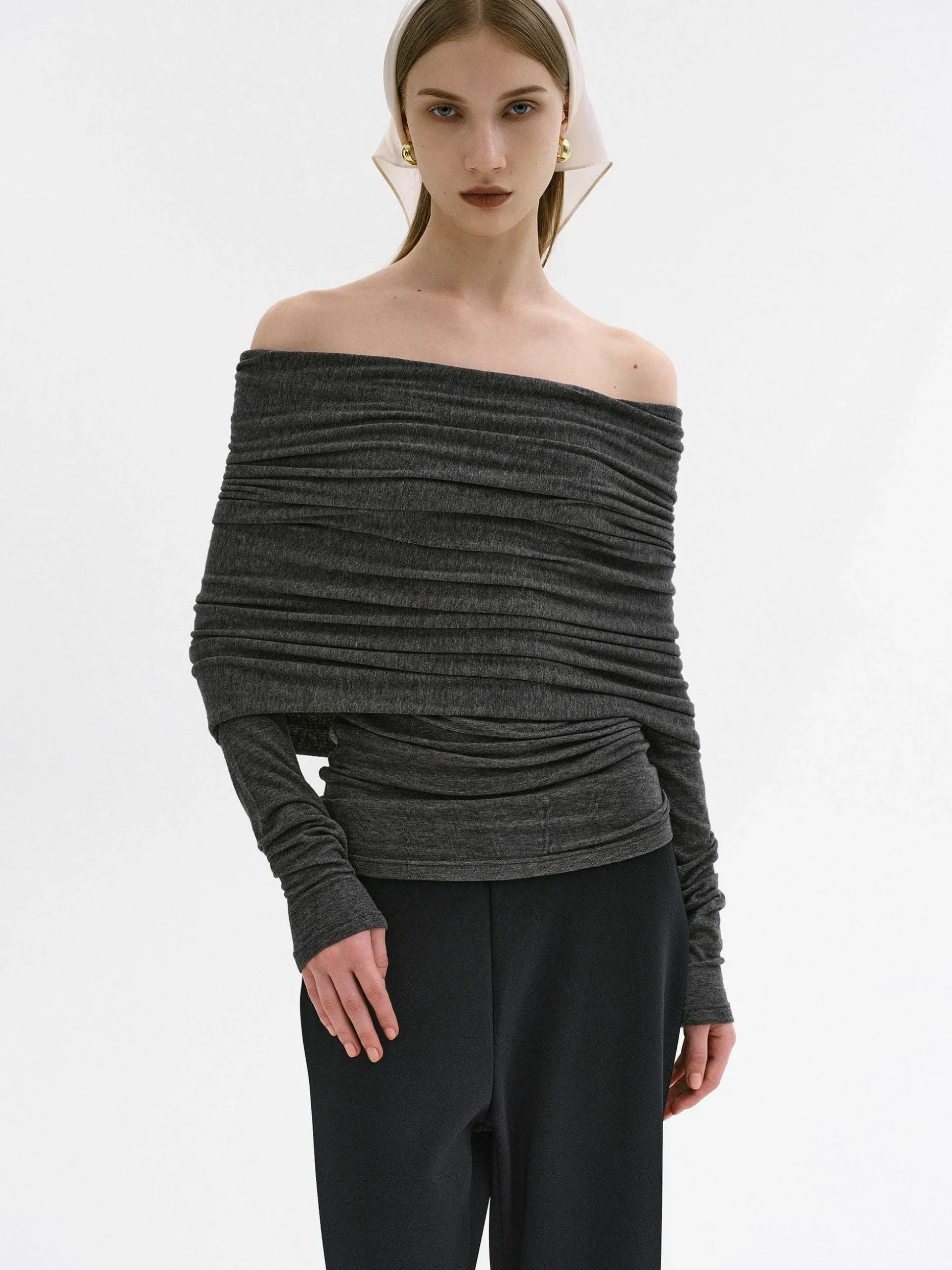 Women Source Unknown Accessories-Tova Off Shoulder Knit, Dark Grey Melange