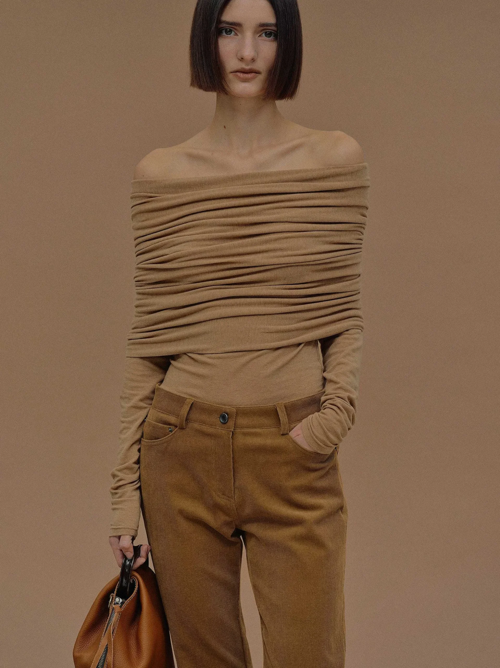 Women Source Unknown Accessories-Tova Off Shoulder Knit, Nude Brown