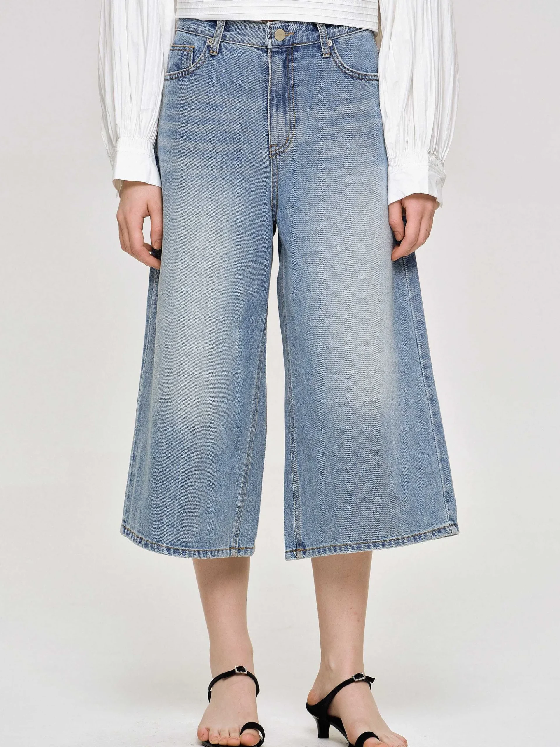 Women Source Unknown Clothing-Wide Cropped Jeans, Medium Blue