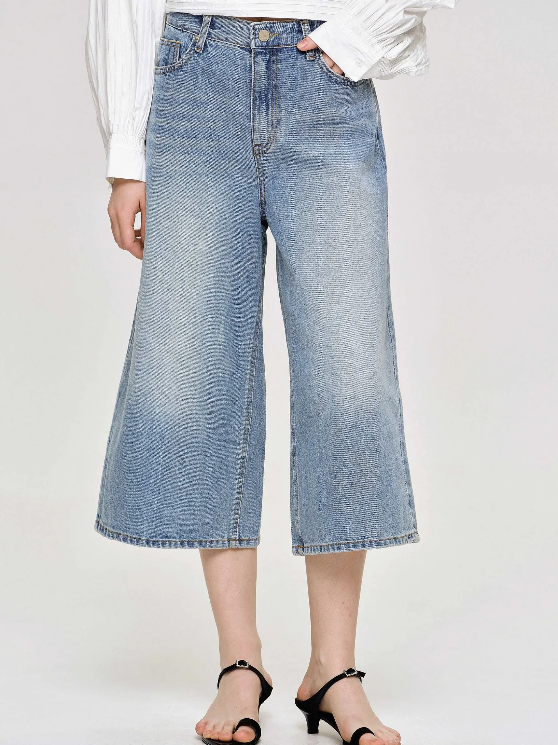 Women Source Unknown Denim-Wide Cropped Jeans, Medium Blue