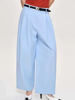 Women Source Unknown Clothing-Wide-Leg Pintuck Trousers, Ice Blue